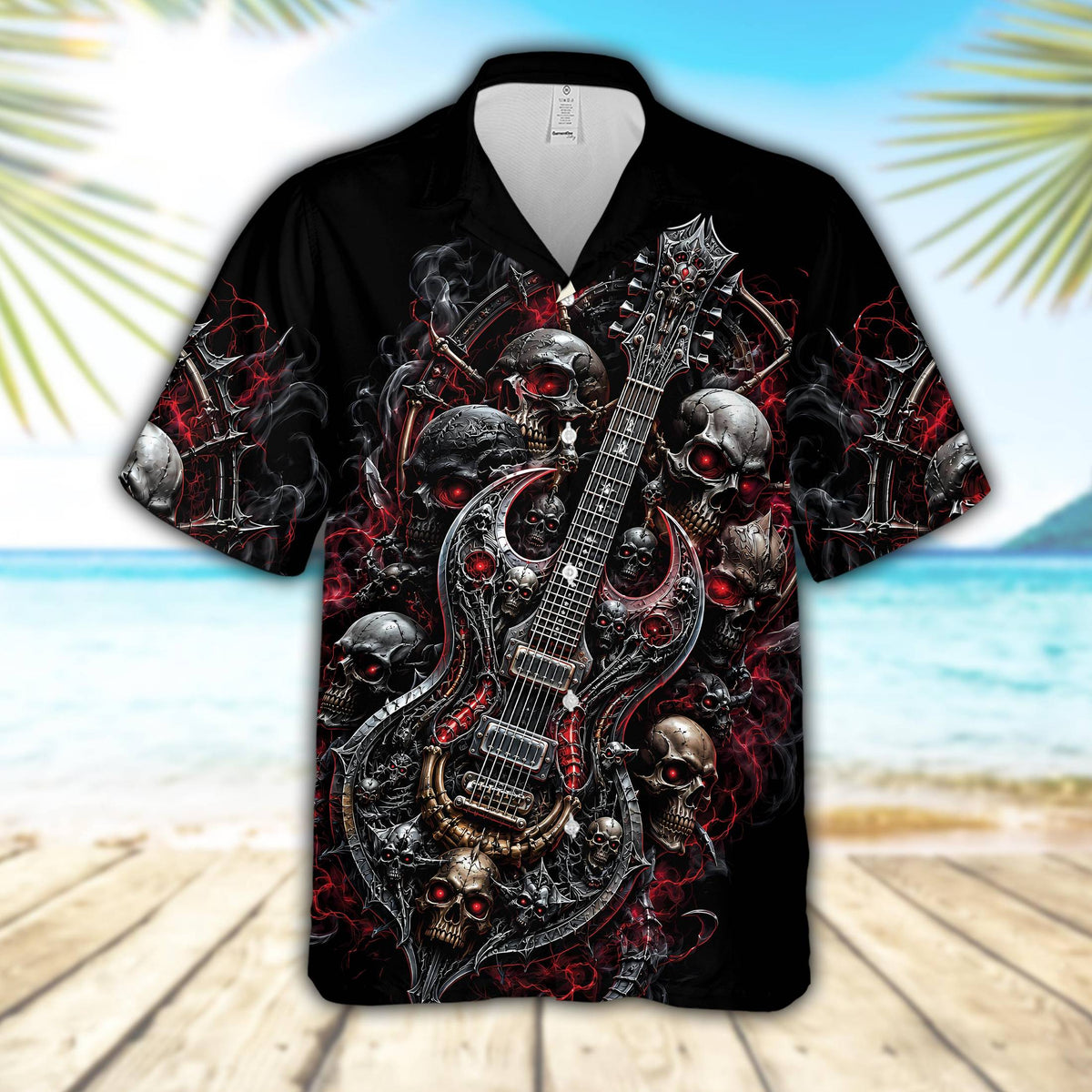 Detailed view of the matching family hawaiian shirts with skulls and guitar pattern
