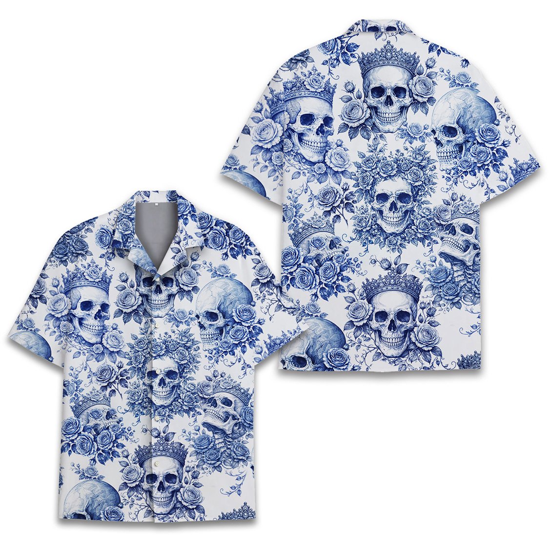 Full back view of the white and navy hawaiian shirt