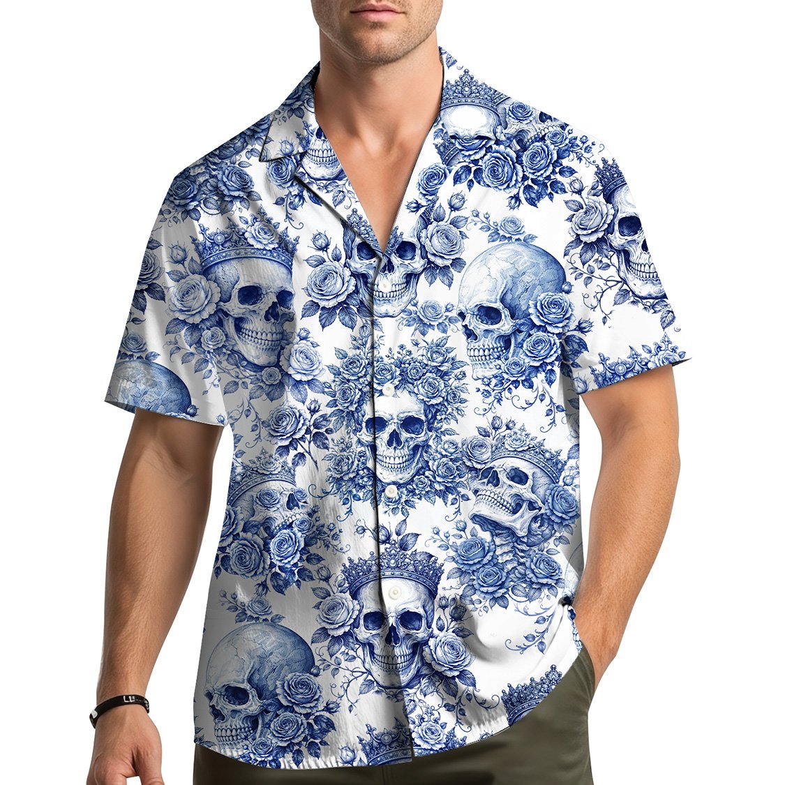 Back view of the skulls and roses hawaiian shirt