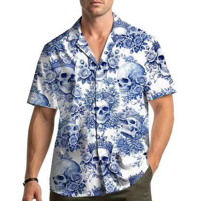 Back view of the skulls and roses hawaiian shirt