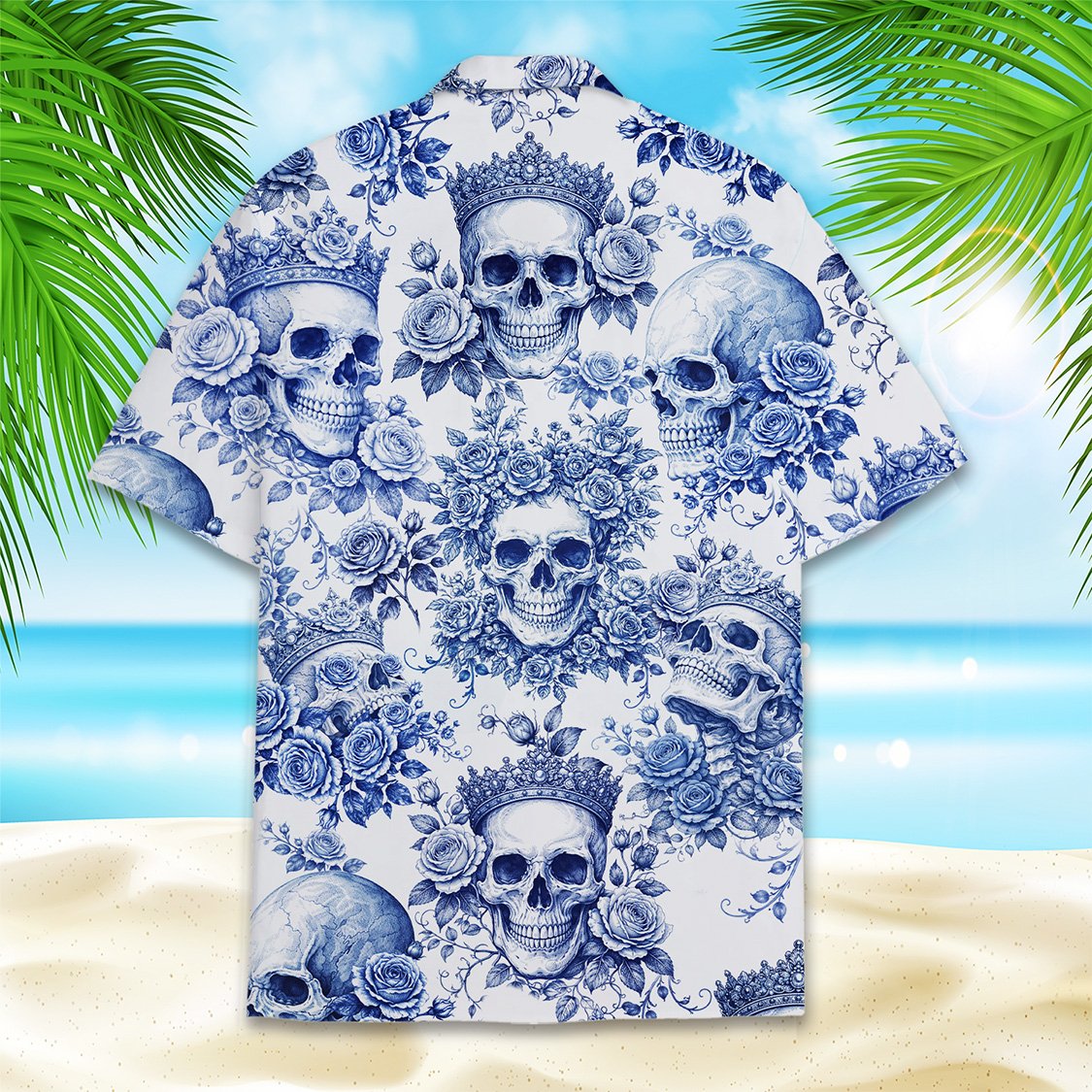 Close up of the blue and white porcelain style skull print on the hawaiian shirt