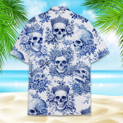 Close up of the blue and white porcelain style skull print on the hawaiian shirt