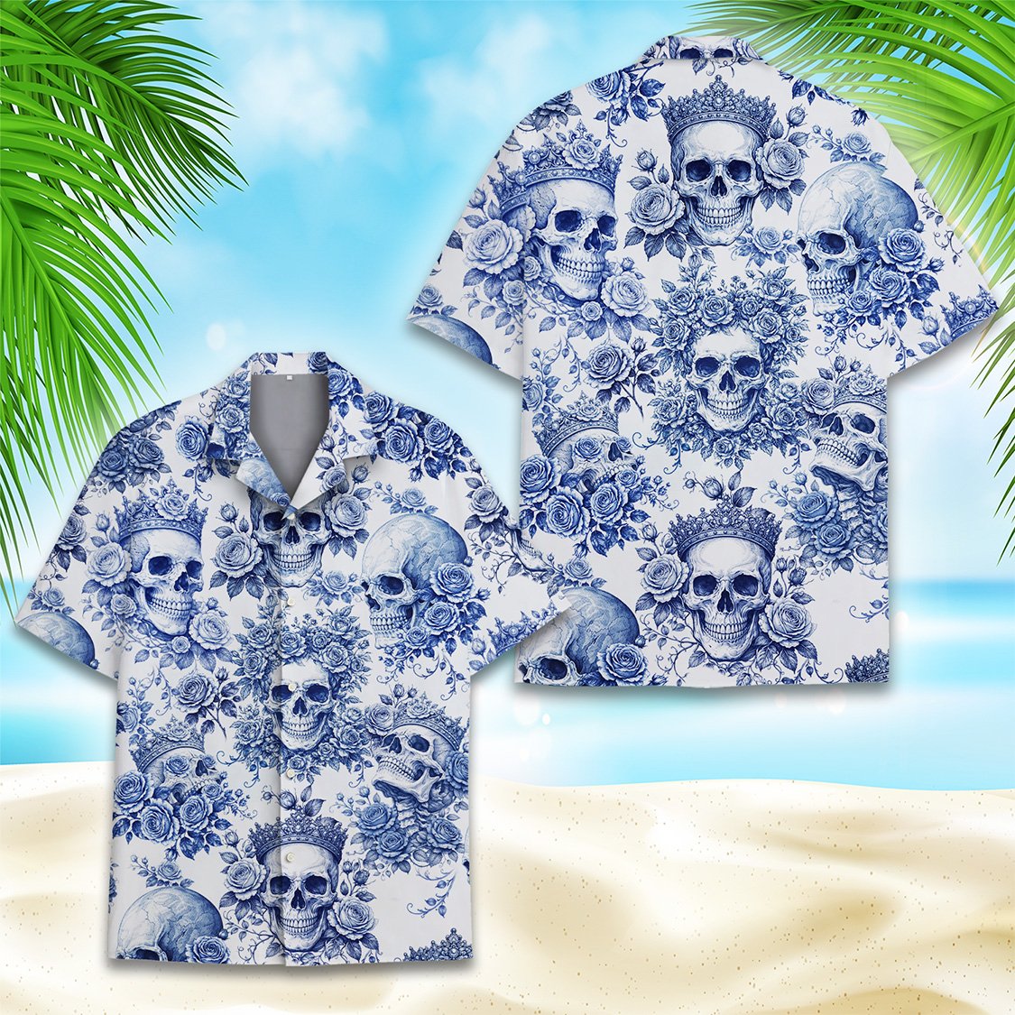 Detail of the button-down front on the skulls and roses hawaiian shirt