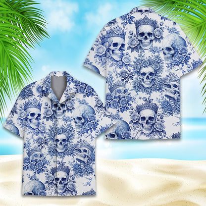Detail of the button-down front on the skulls and roses hawaiian shirt