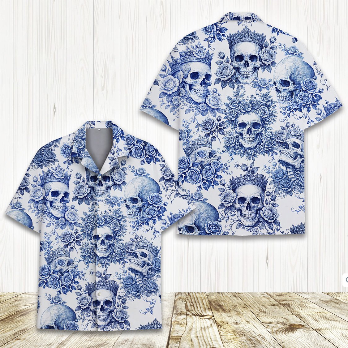 Collar detail of the floral skull hawaiian shirt