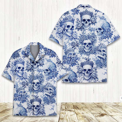 Collar detail of the floral skull hawaiian shirt