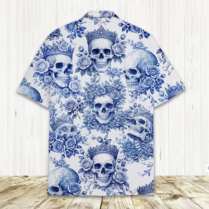 Adult skulls and roses hawaiian shirt front detail