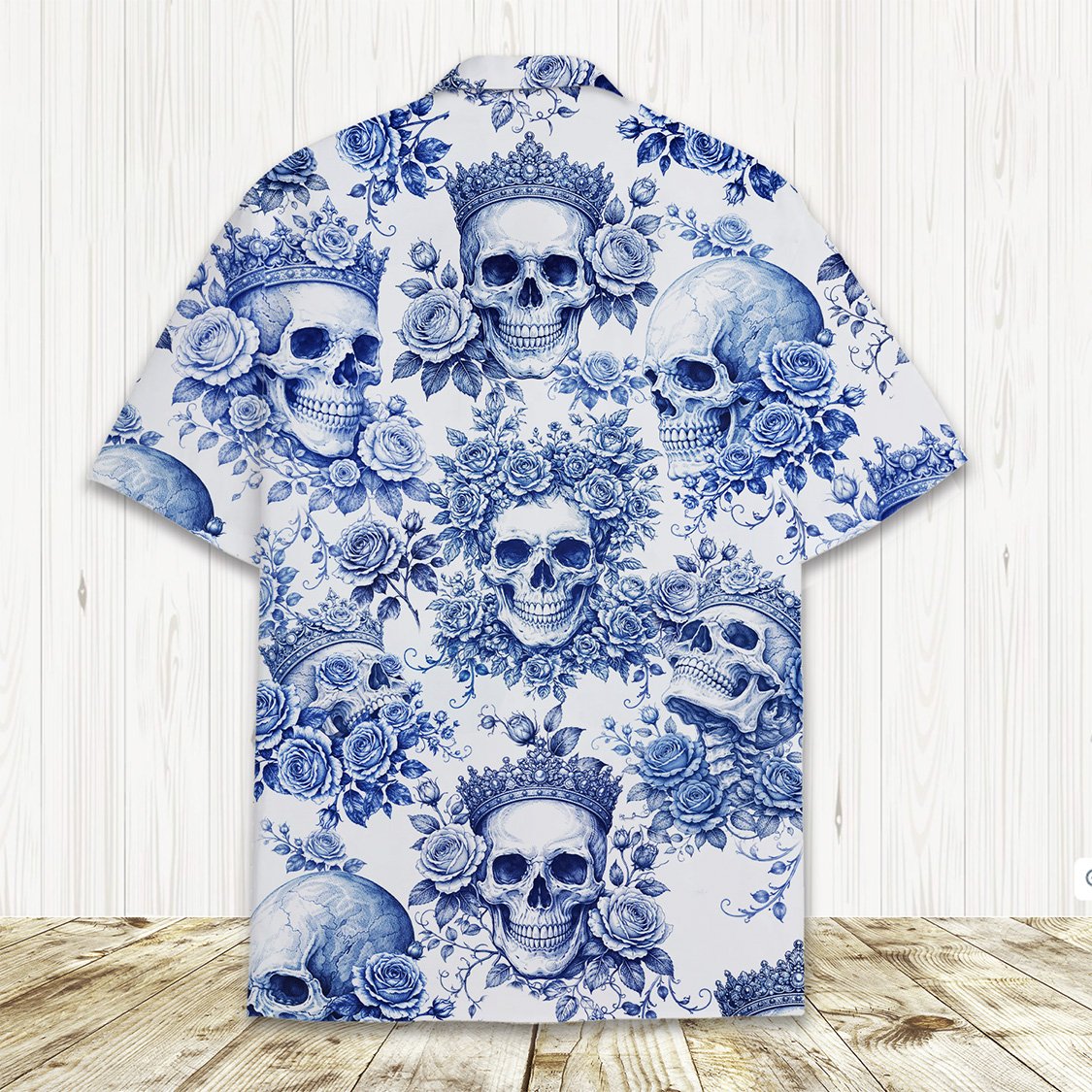 White and navy skulls and roses hawaiian shirt, front view