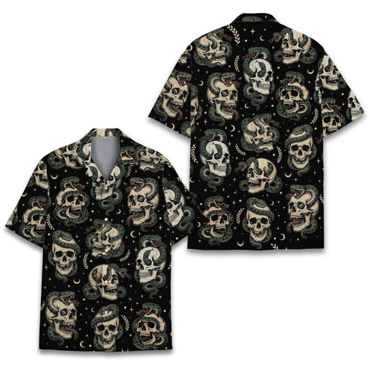 Main front view of the skulls and snakes hawaiian shirt with a black background