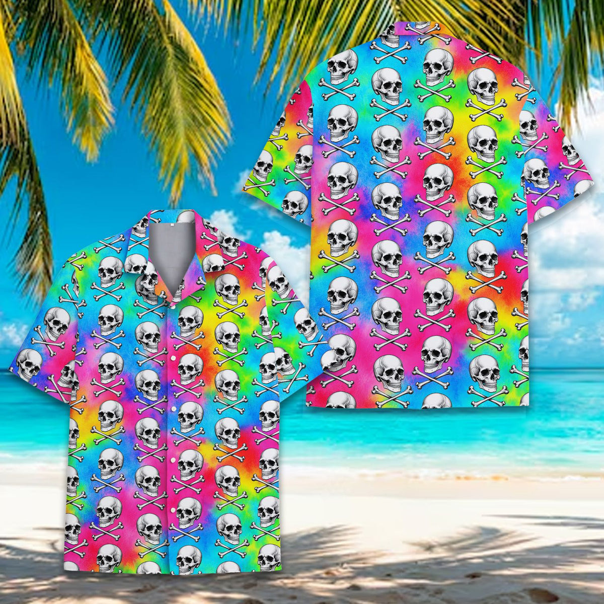 Front detail view 3 of the multicolor skulls hawaiian shirt