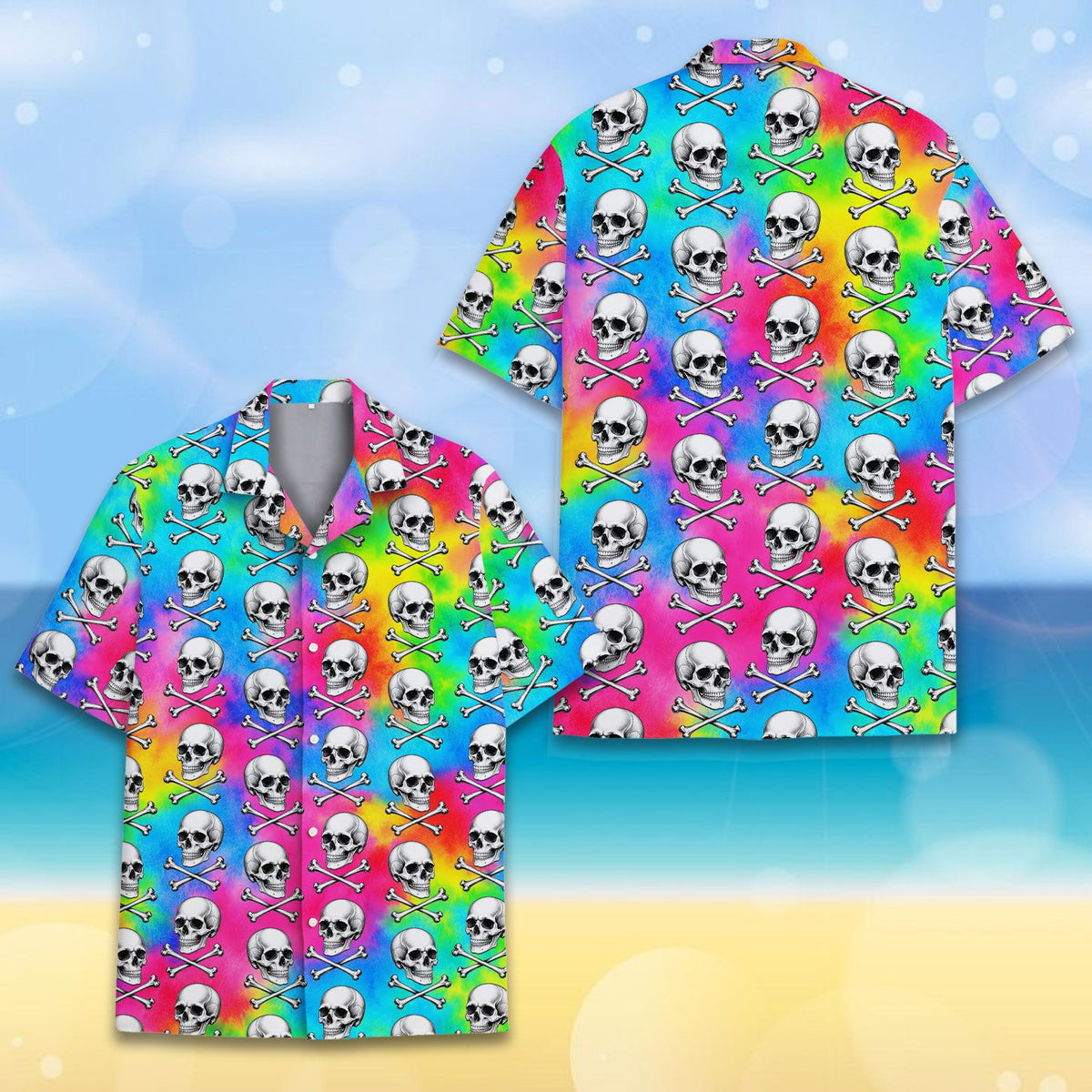 Front detail view 4 of the skulls and tie-dye hawaiian shirt
