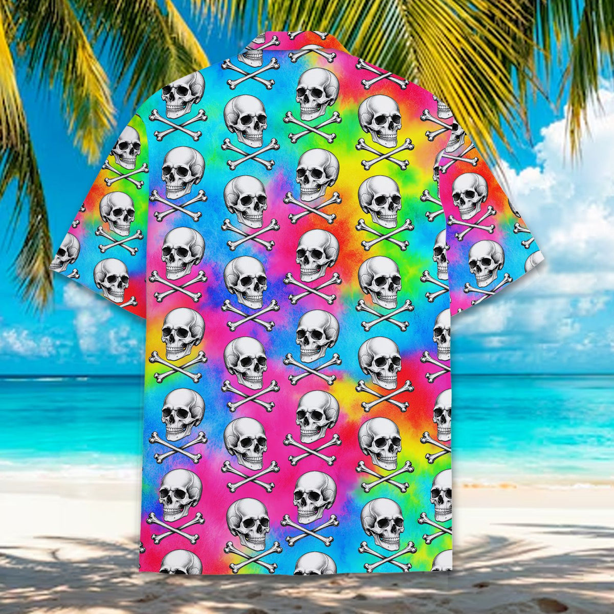 Front detail view 6 of the multicolor skulls hawaiian shirt