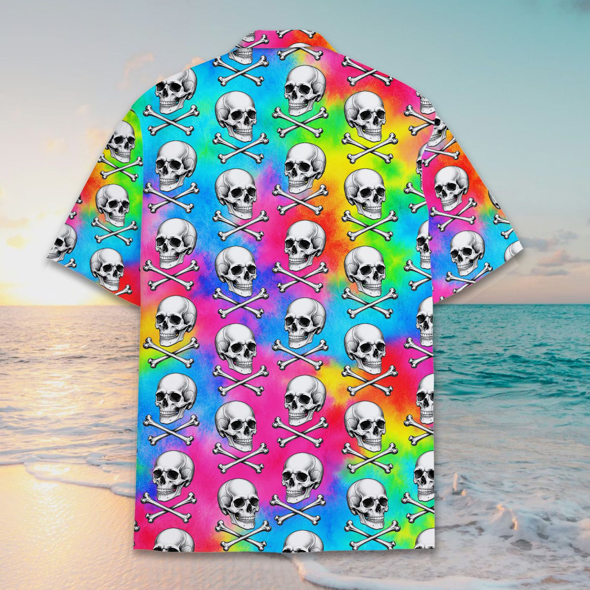 Front detail view 8 of the skulls and tie-dye hawaiian shirt