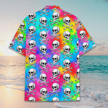 Front detail view 8 of the skulls and tie-dye hawaiian shirt