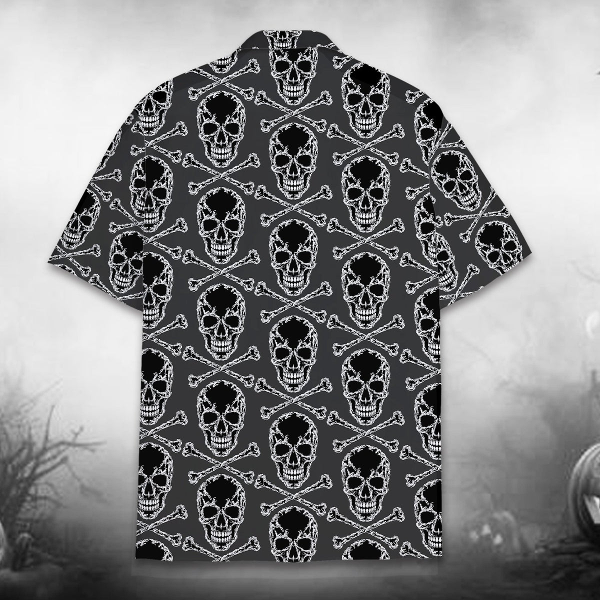 Second back view of the black and white skulls shirt