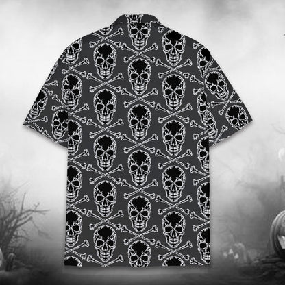 Second back view of the black and white skulls shirt