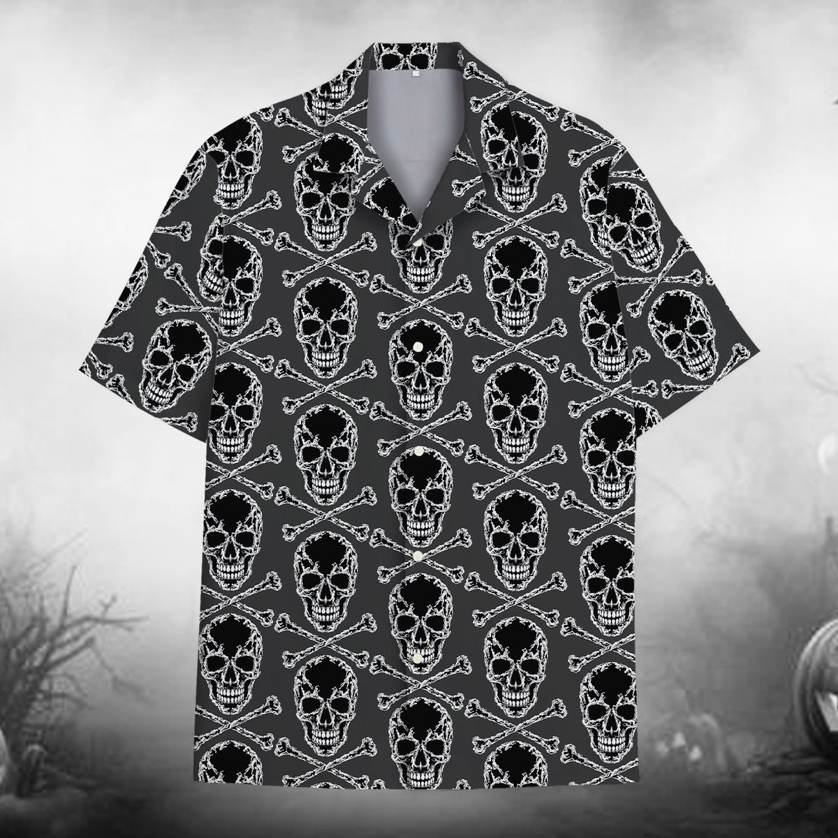 Front view of the black skull pattern Hawaiian shirt
