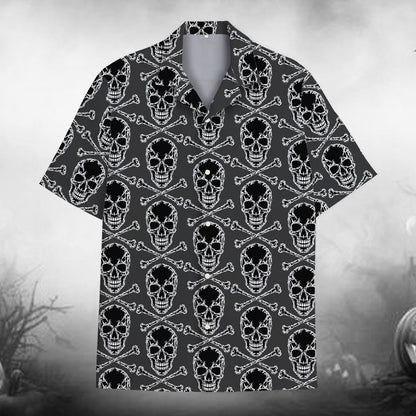 Front view of the black skull pattern Hawaiian shirt