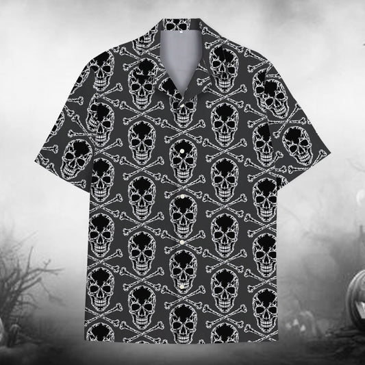 Main view of matching family skulls hawaiian shirt in black and white