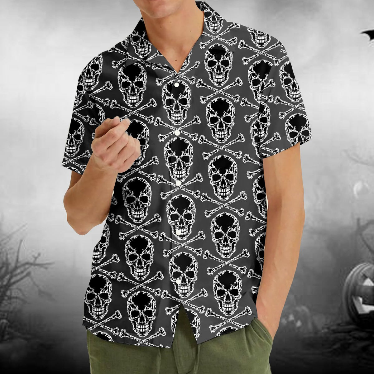 Fourth lifestyle view showcasing the skulls hawaiian shirt