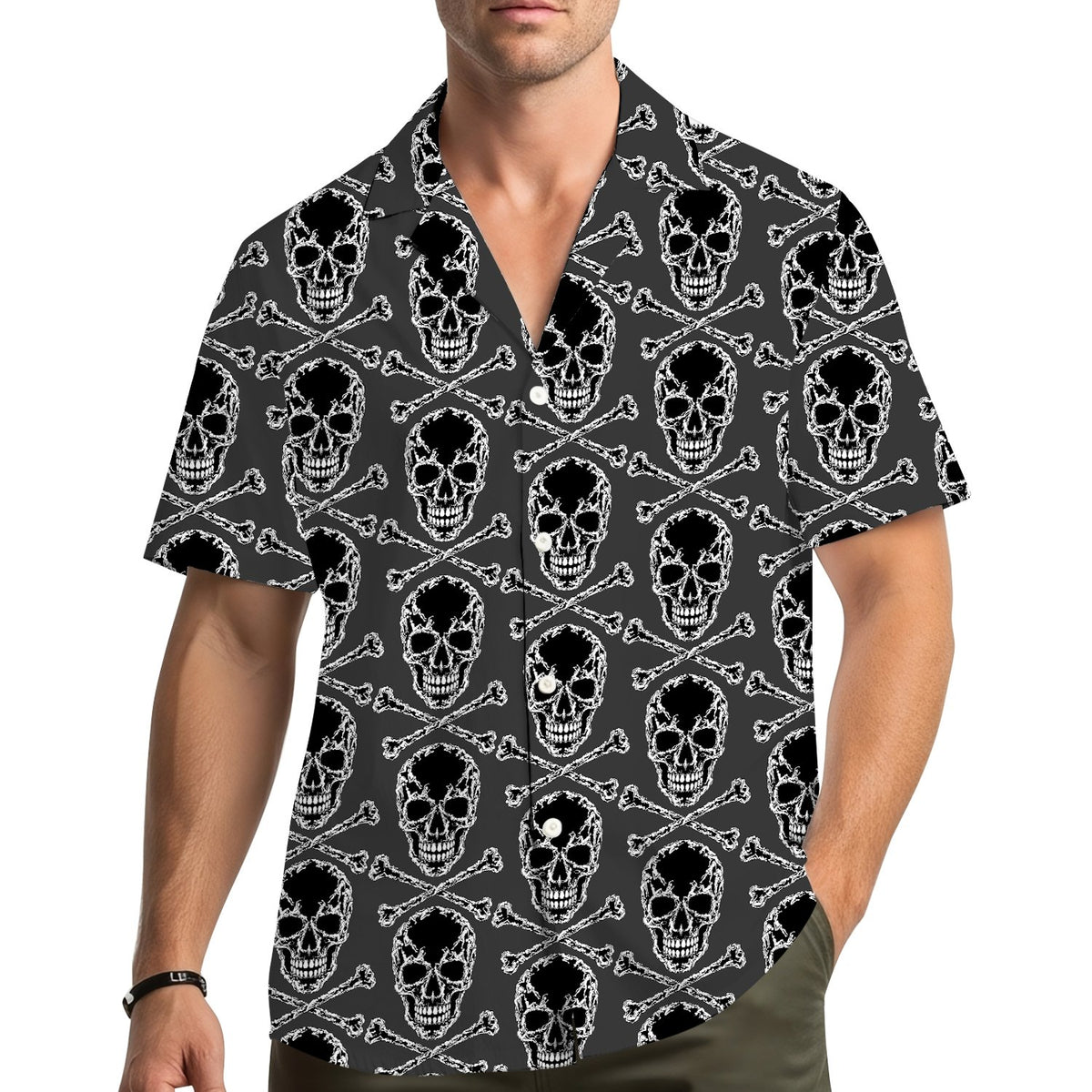 Lifestyle view of family wearing matching skulls hawaiian shirts