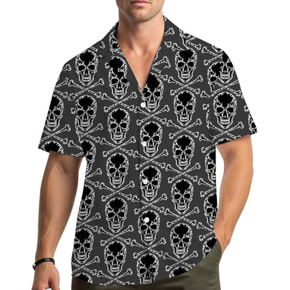 Lifestyle view of family wearing matching skulls hawaiian shirts