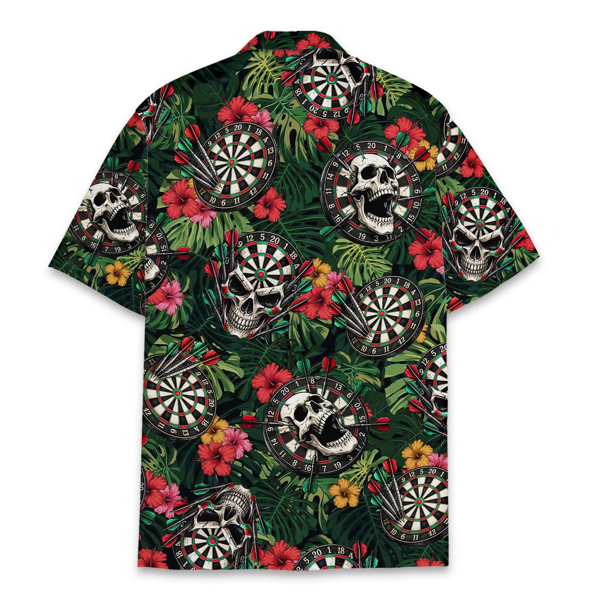 Back view of the tropical skull and dartboard hawaiian shirt