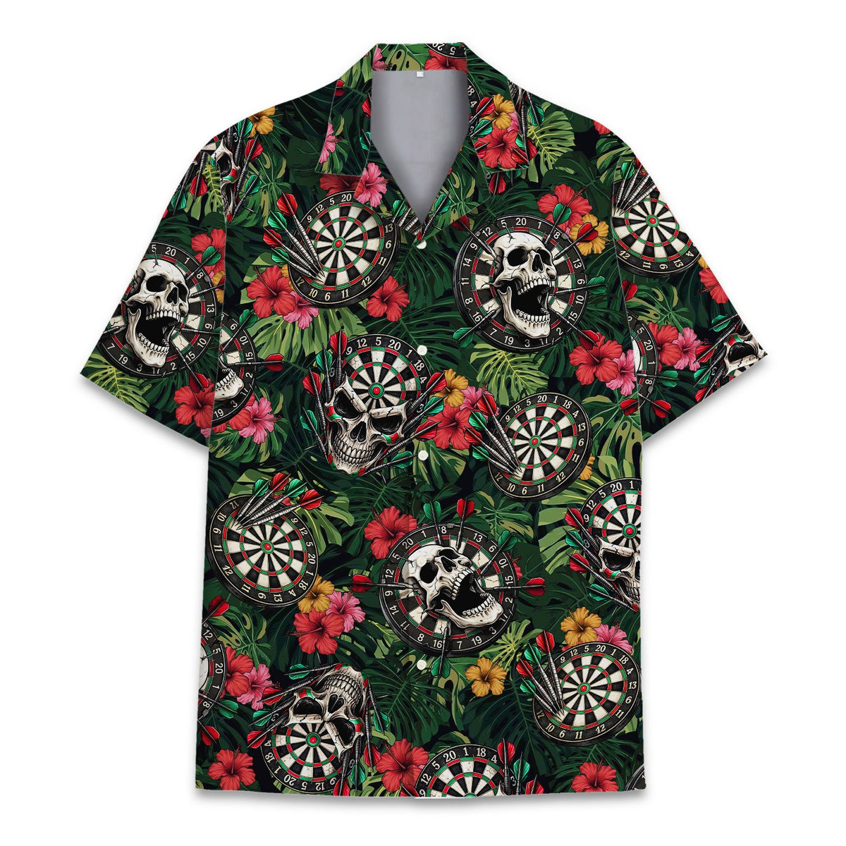 Skulls and darts hawaiian shirt with tropical print, main view