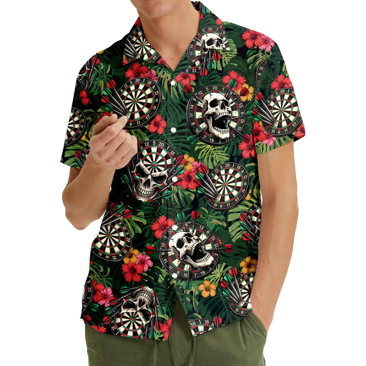 Second lifestyle shot highlighting the tropical dartboard pattern