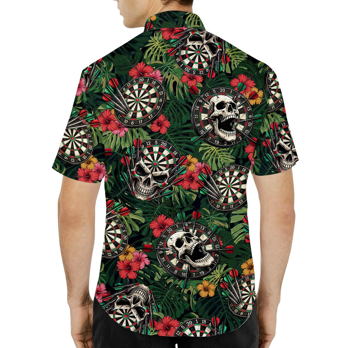 Third lifestyle view of the adult hawaiian shirt with green leaves and hibiscus