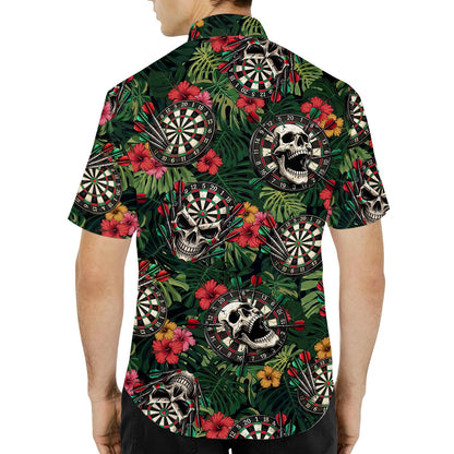 Third lifestyle view of the adult hawaiian shirt with green leaves and hibiscus