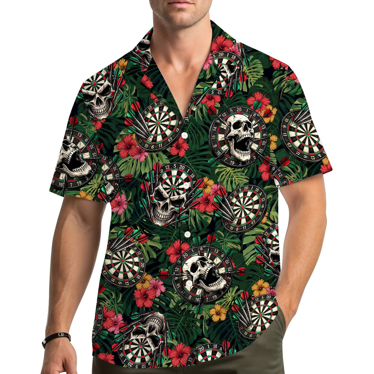 Lifestyle shot of a person wearing the skulls and darts hawaiian shirt
