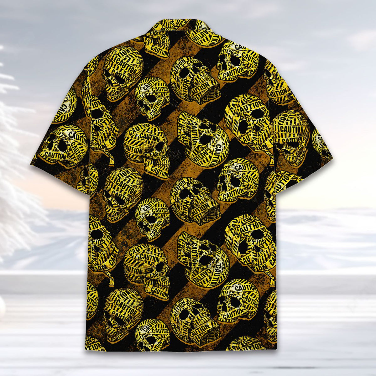 Second back view of skulls hawaiian shirt with caution tape design