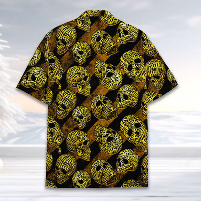 Second back view of skulls hawaiian shirt with caution tape design