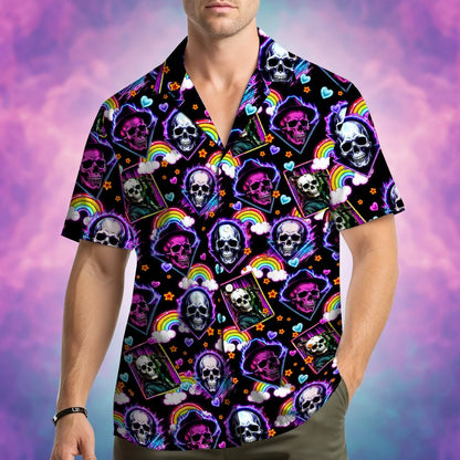 Matching family hawaiian shirts featuring neon skulls and hearts, back view 2