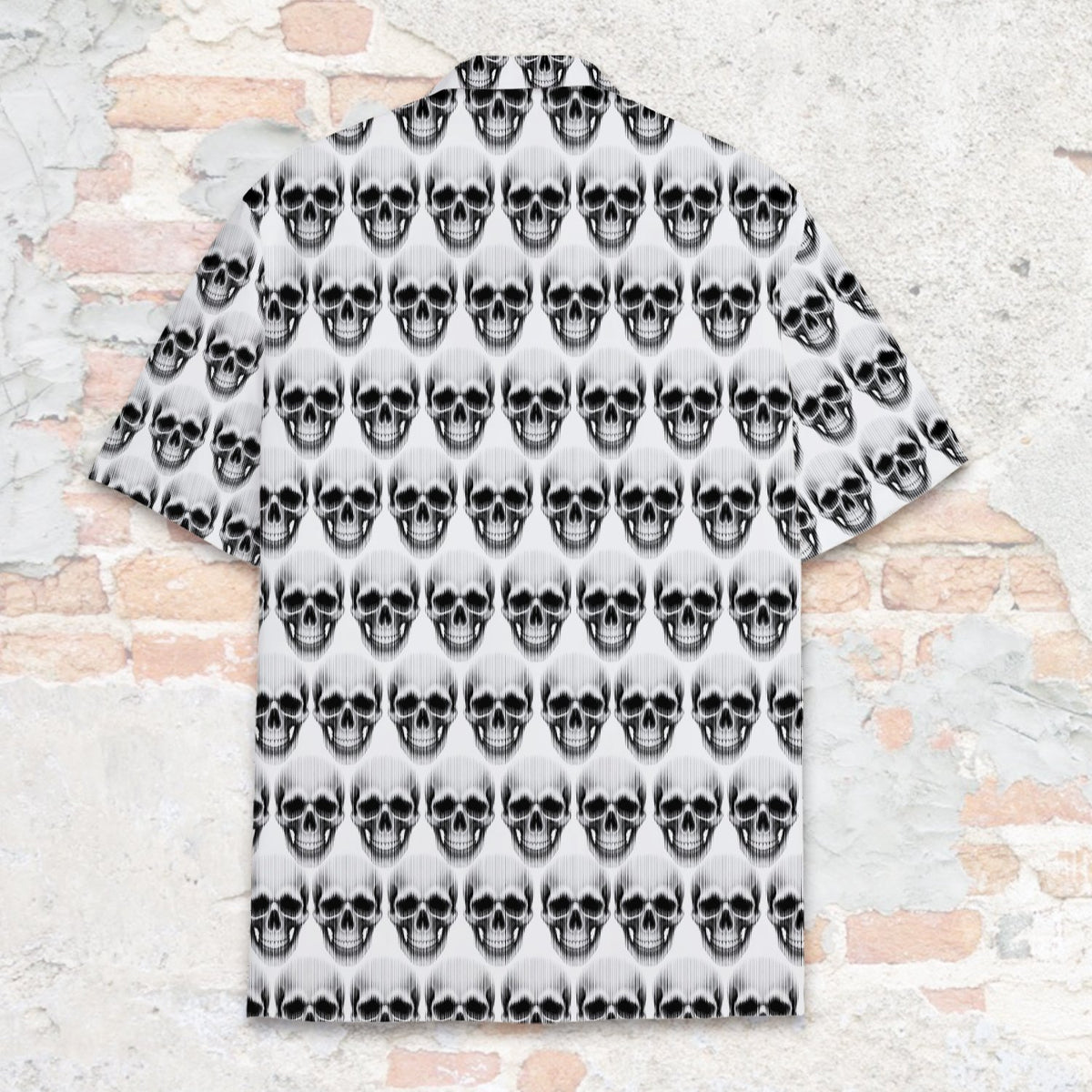Alternative back view of the black and white skulls hawaiian shirt