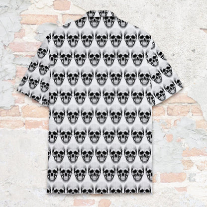 Alternative back view of the black and white skulls hawaiian shirt