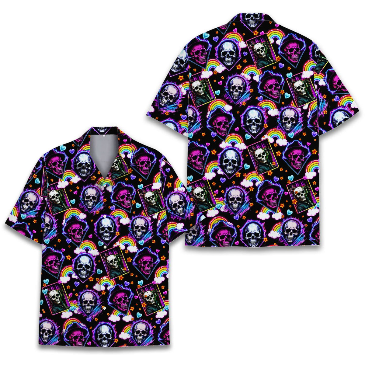 Matching family hawaiian shirts featuring neon skulls and hearts, back view 3