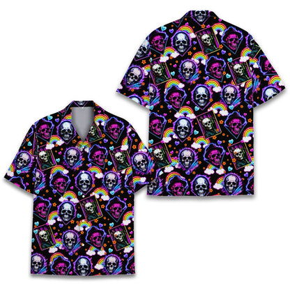 Matching family hawaiian shirts featuring neon skulls and hearts, back view 3
