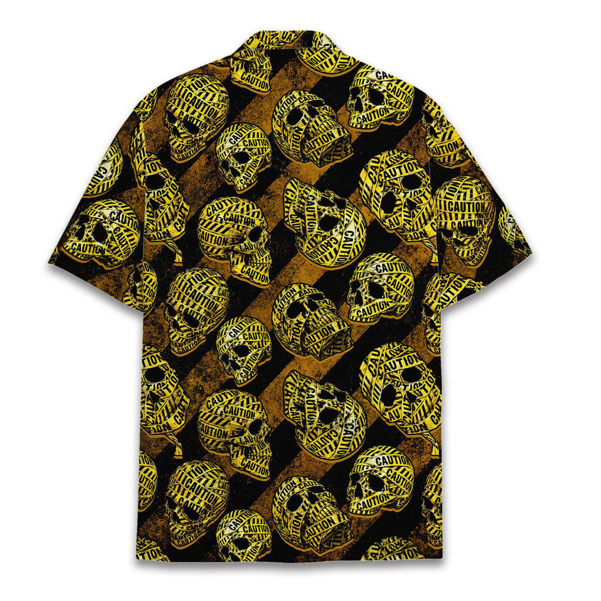 Back view of skulls hawaiian shirt with caution tape design