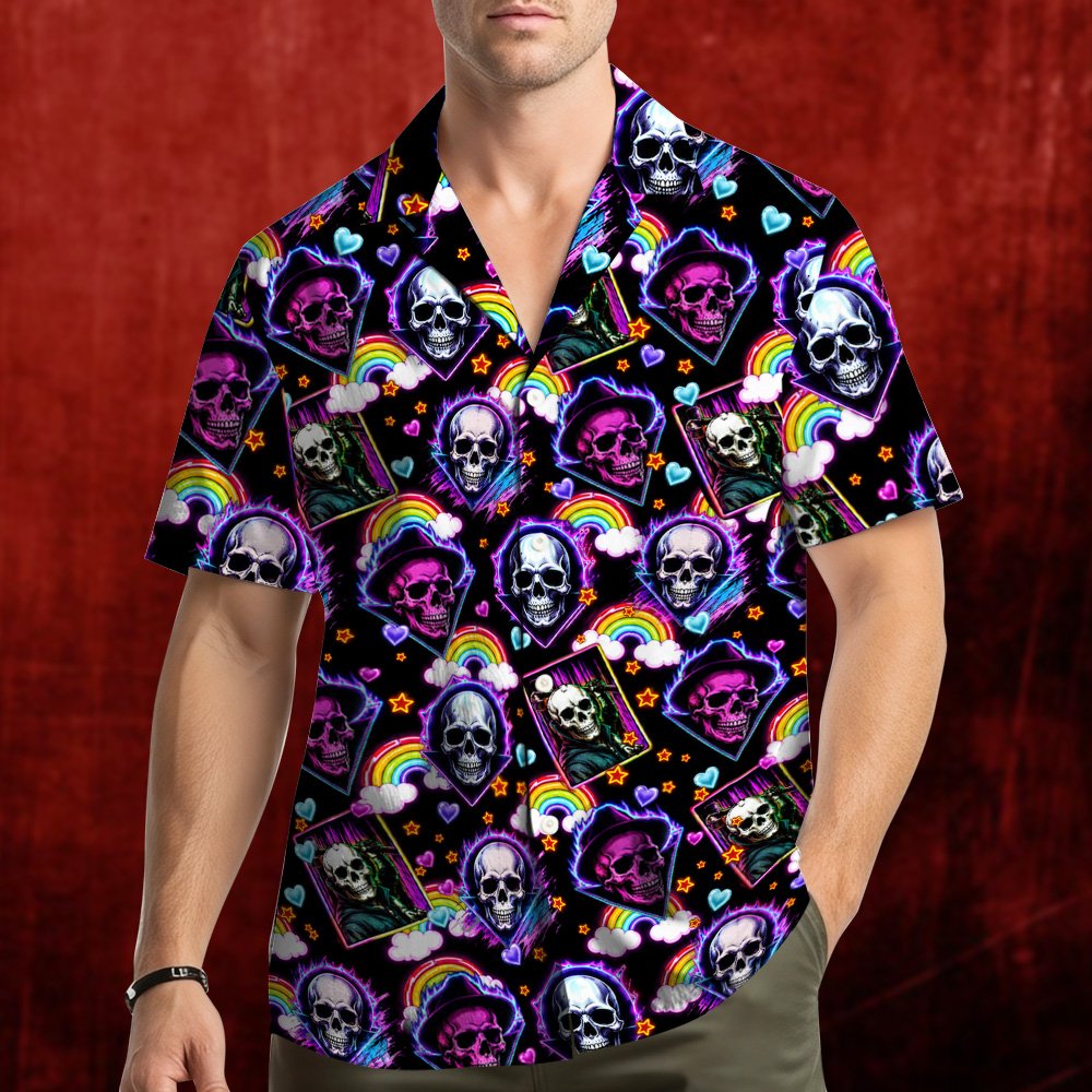 Black skulls hawaiian shirt with neon playing cards and floating hearts, back view