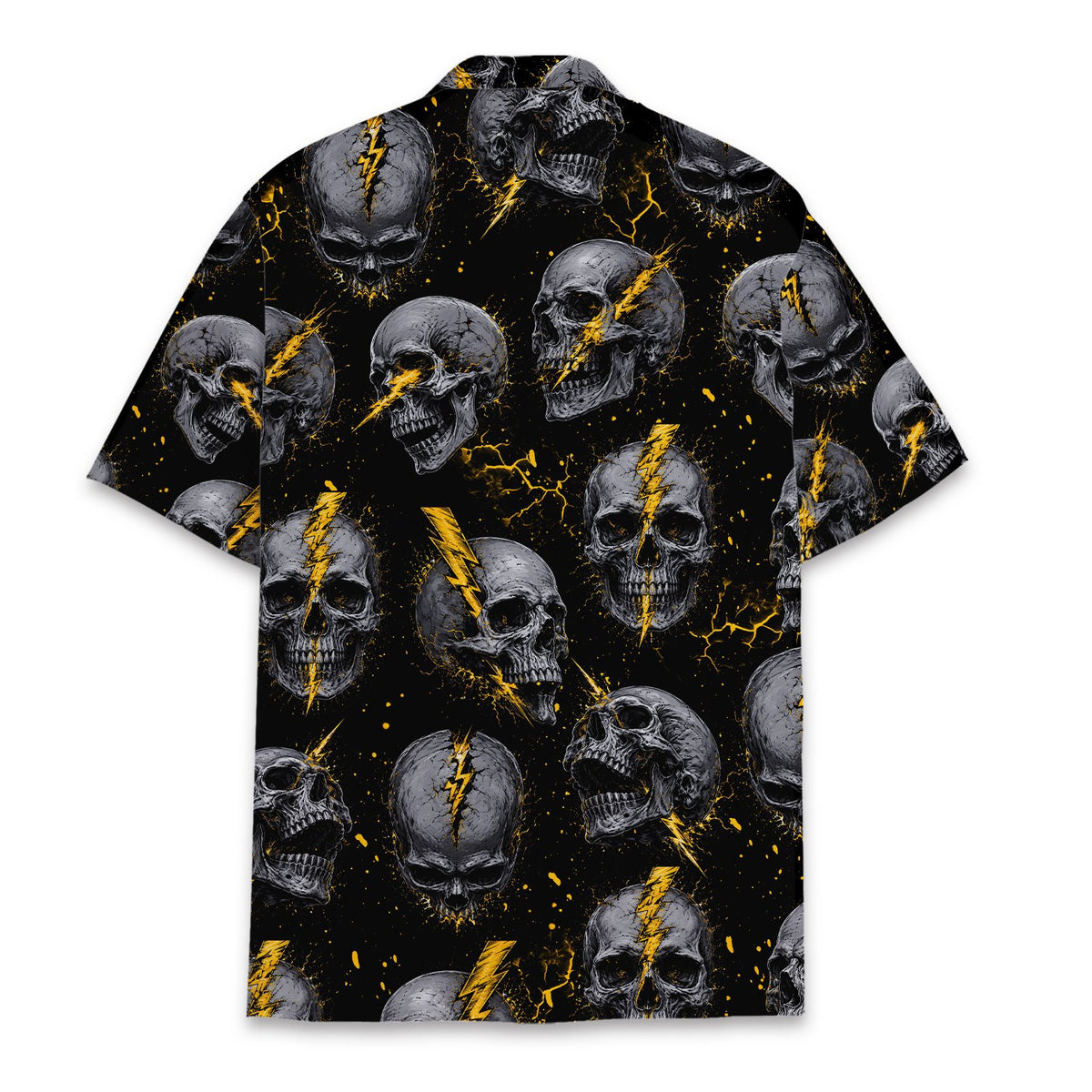 Back view of the skulls and lightning bolts hawaiian shirt