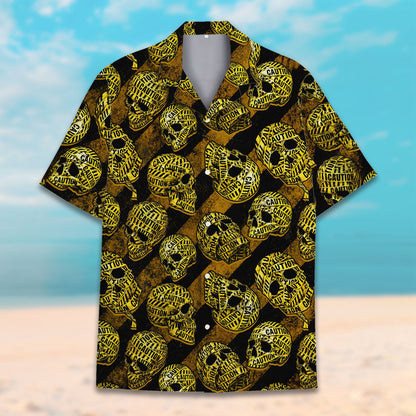 Second front view of skulls hawaiian shirt with caution tape design