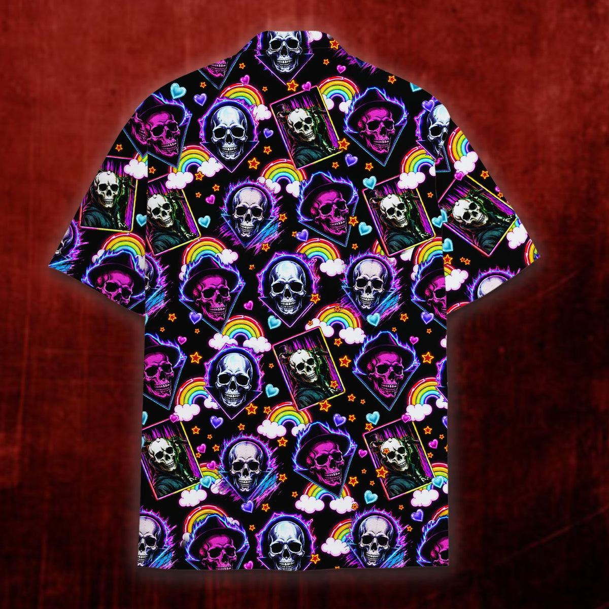 Matching family hawaiian shirts featuring neon skulls and hearts, front view 2