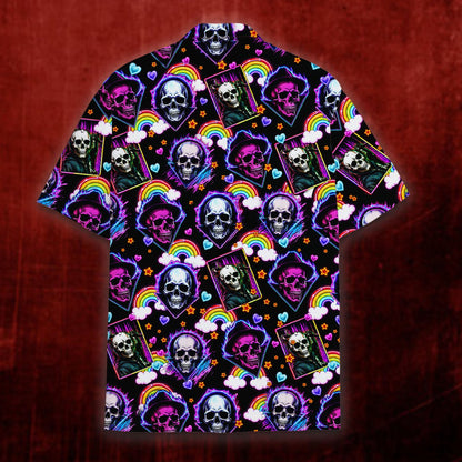 Matching family hawaiian shirts featuring neon skulls and hearts, front view 2