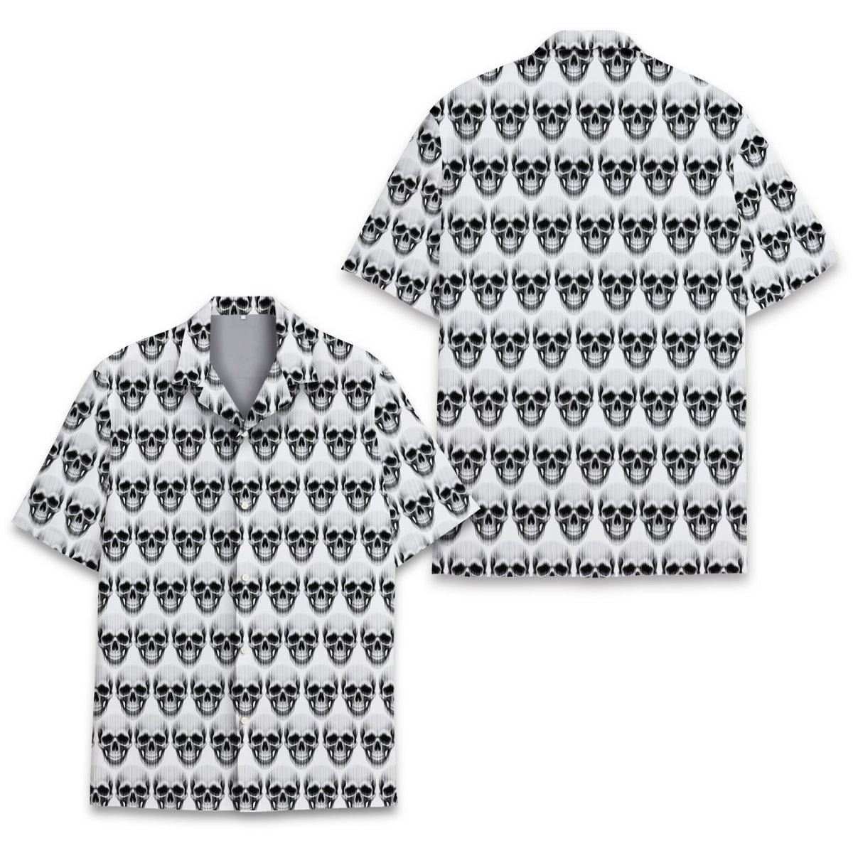 Alternative front view of the black and white skulls hawaiian shirt