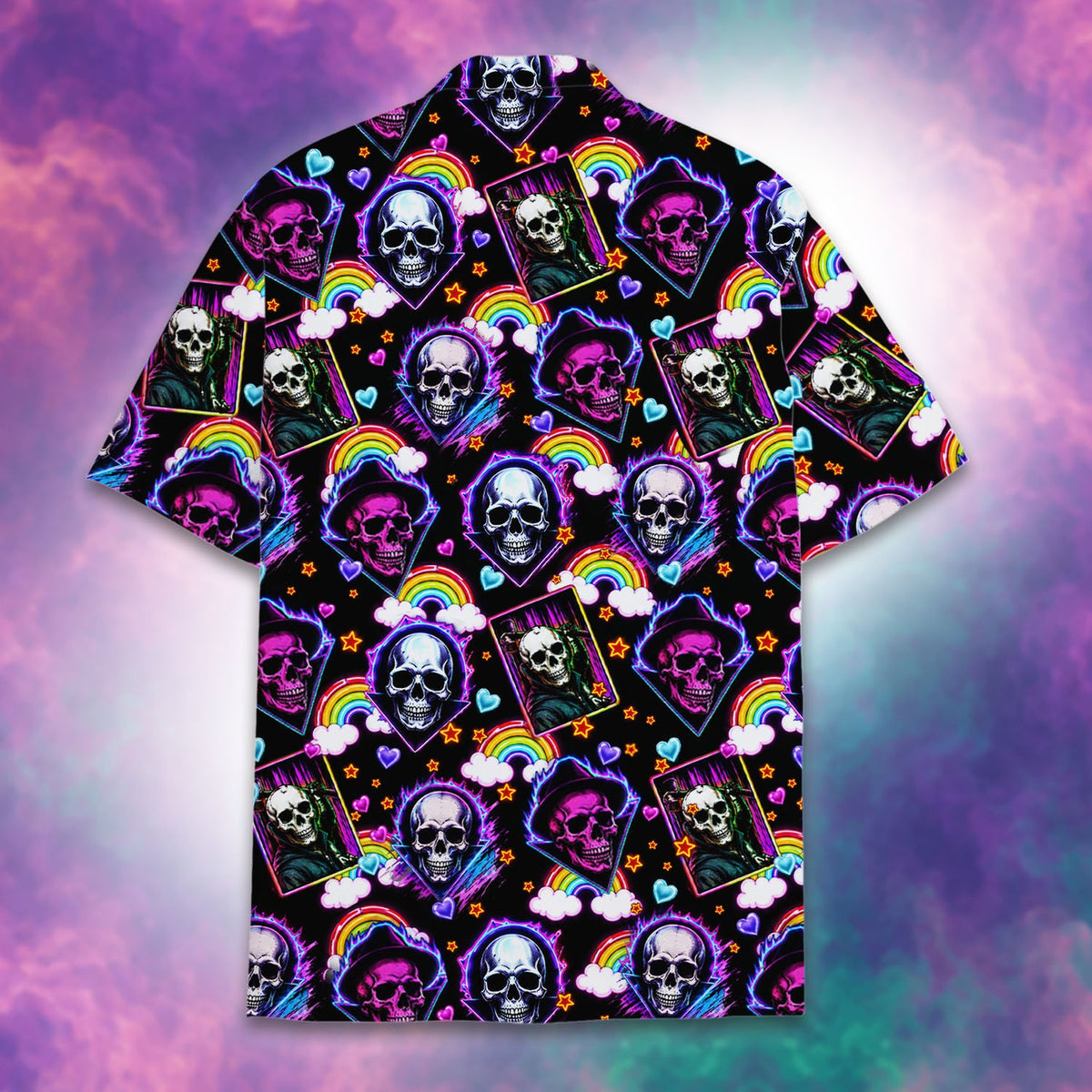 Matching family hawaiian shirts featuring neon skulls and hearts, front view 3
