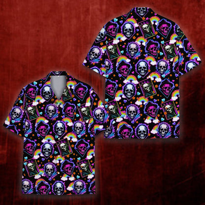 Matching family hawaiian shirts featuring neon skulls and hearts, front view 4