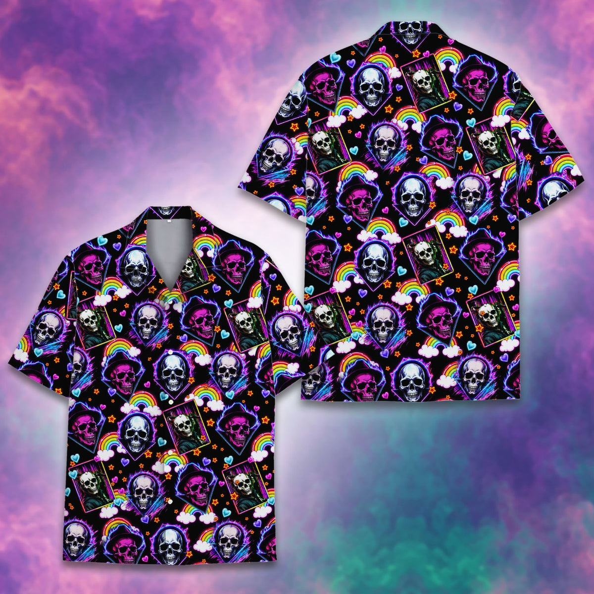 Matching family hawaiian shirts featuring neon skulls and hearts, front view 5