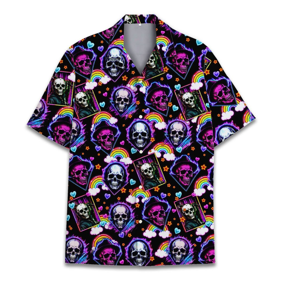 Matching family hawaiian shirts featuring neon skulls and hearts, front view 6
